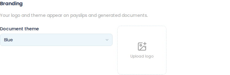 The Branding section of the company profile, reading "Your logo and theme appear on payslips and generated documents", with a Document theme picker set to Blue and an empty Upload logo box