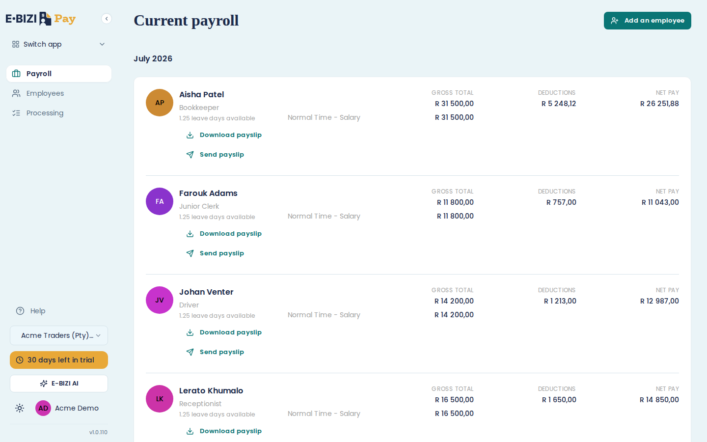 The E·BIZI Pay payroll screen for Acme Traders, listing employees with their gross total, deductions and net pay for the July 2026 period