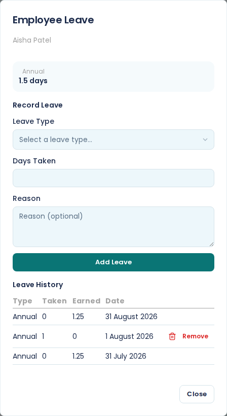 The Employee Leave dialog for Aisha Patel, showing an annual balance of 1.5 days, the Record Leave form with Leave Type, Days Taken and Reason, and a Leave History table listing two accrual rows and one day taken