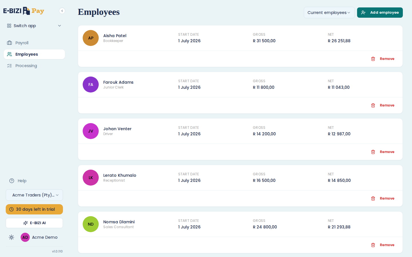 The employees list for Acme Traders, showing the Current employees tab with the team listed and the Add employee and Remove controls