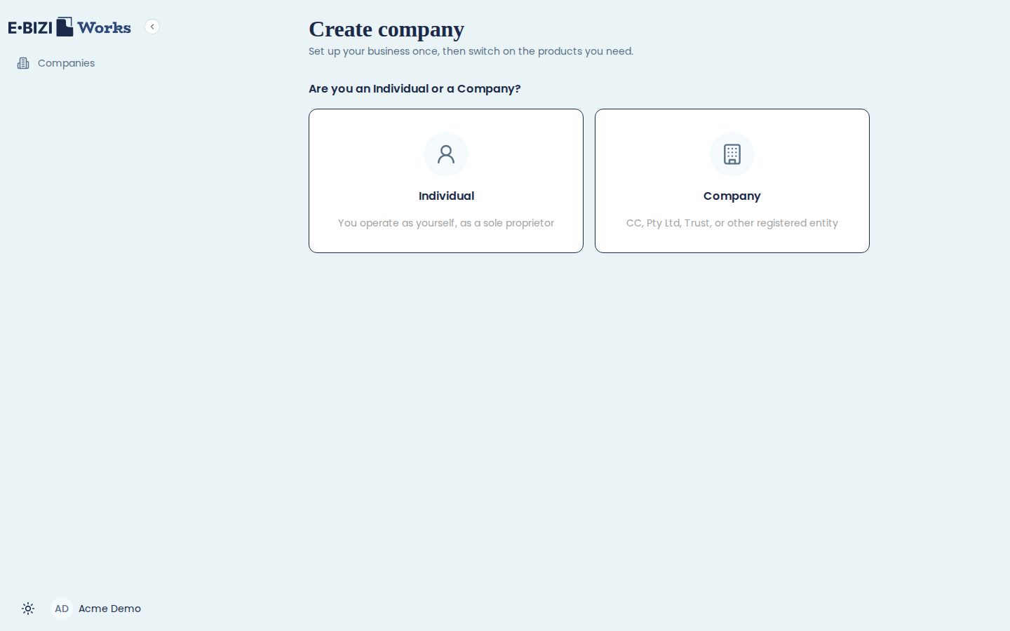 The Create company screen asking "Are you an Individual or a Company?", with Individual described as operating as yourself as a sole proprietor and Company as a CC, Pty Ltd, Trust or other registered entity