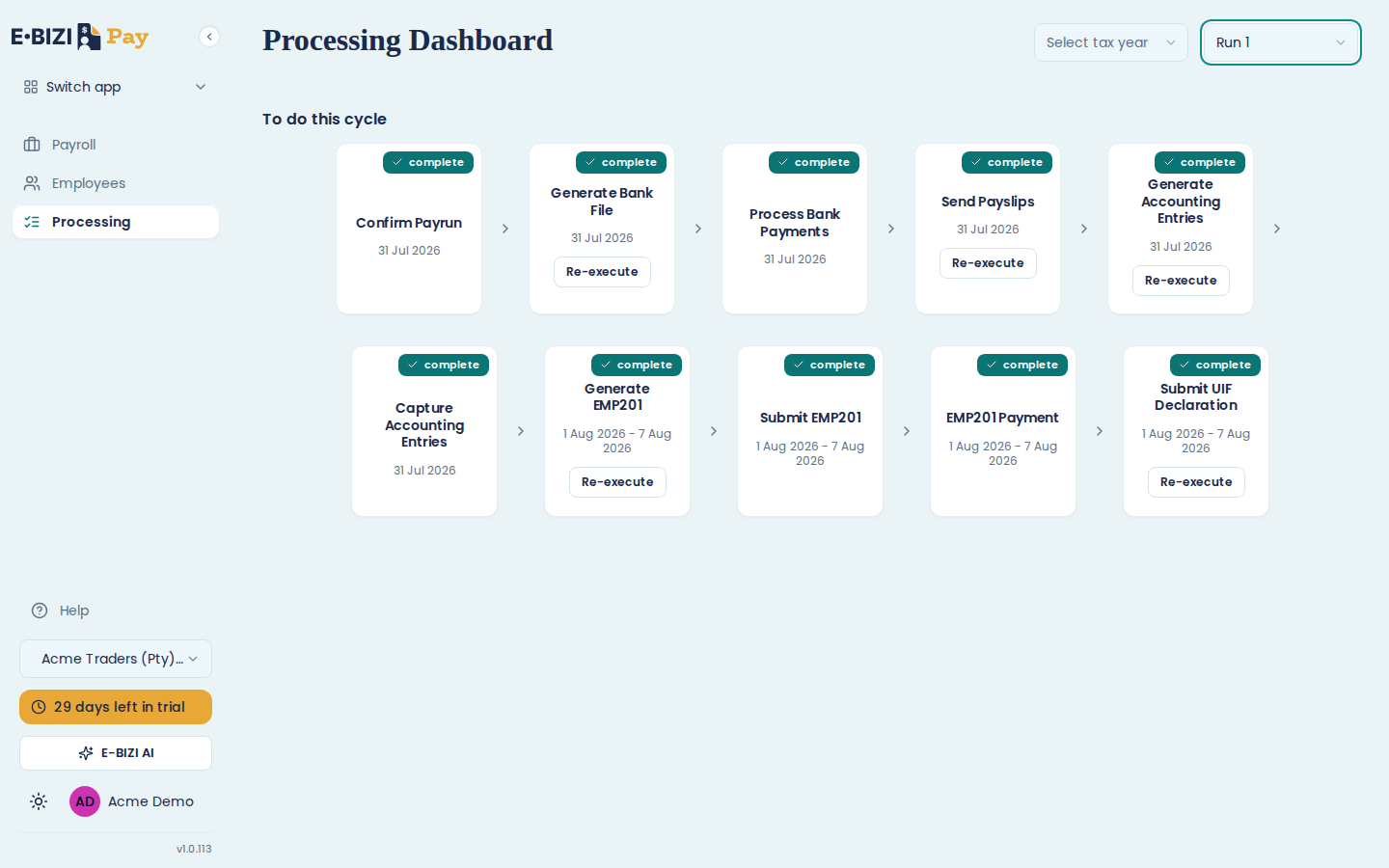 The Processing dashboard for July 2026 with all ten workflow cards showing complete, five of them offering Re-execute