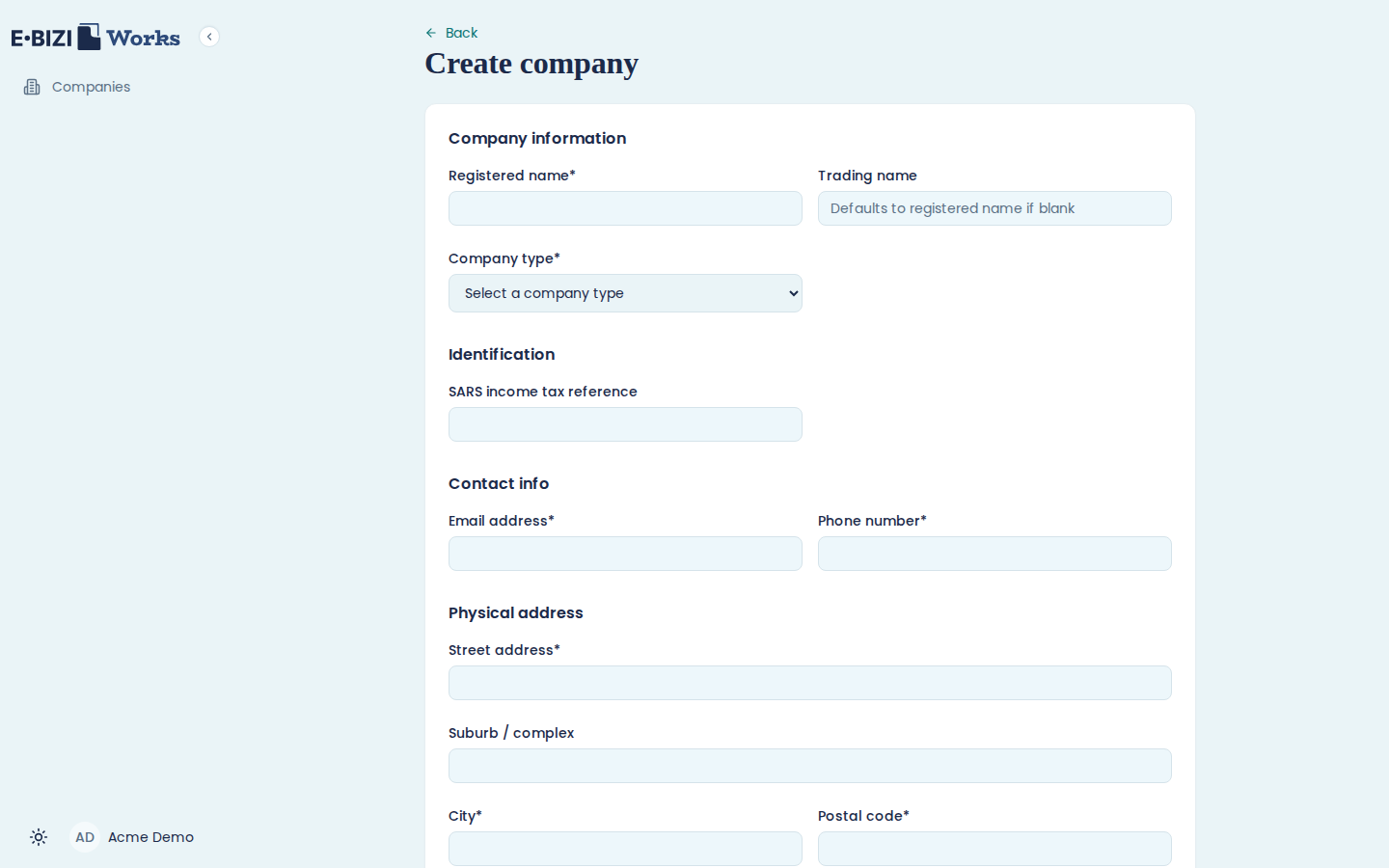 The company form with Registered name, Trading name and Company type at the top, then a CIPC registration number and SARS income tax reference under Identification, followed by contact and physical address fields